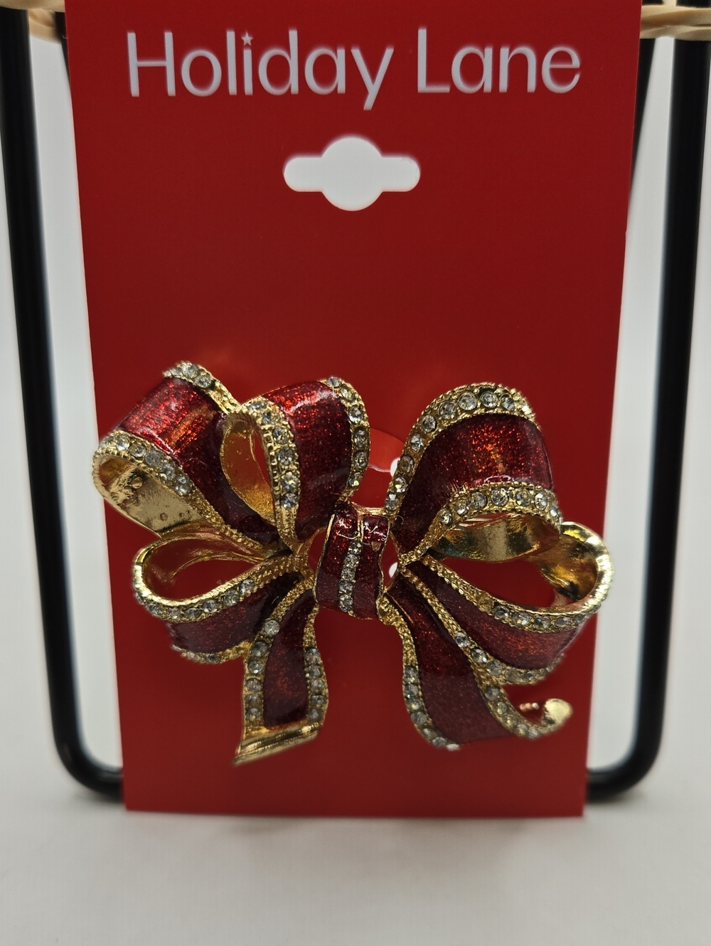 NEW Holiday Lane Red & Gold Bow Brooch with Rhinestones